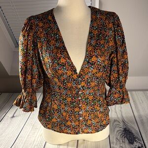 Free People Boho Printed Orange & Navy Floral Blouse Top Ruffle Sleeve
